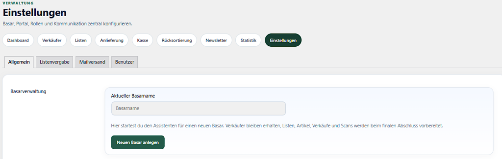 Maske zum Anlegen eines neuen Basars im Basarportal